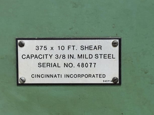 3/8" x 10' Cincinnati #375X10, hydraulic shear, 12 hydraulic holddown, 48" front operated power back gauge - Image 3