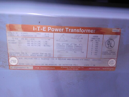 75 KVA 480 Delta Primary, 208Y/120 Secondary, ITE 3F3Y075 type QL transformer - Image 2