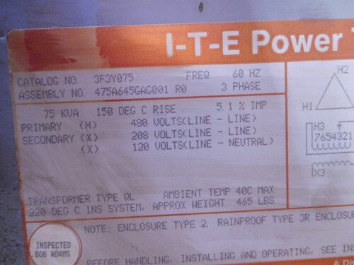 75 KVA 480 Delta Primary, 208Y/120 Secondary, ITE 3F3Y075 type QL transformer - Image 5
