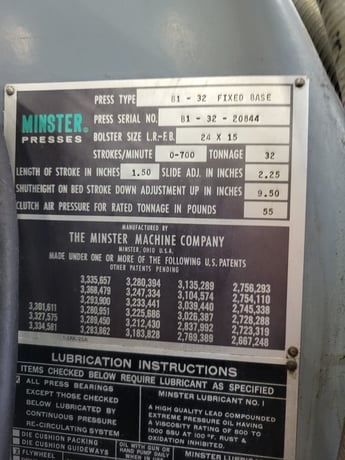 32 Ton, Minster #B1-32, Open Gap Frame Press, 700 SPM, 1.5" stroke, 2.25" adj, 9.5" Shut Height, 24" x 15" - Image 5