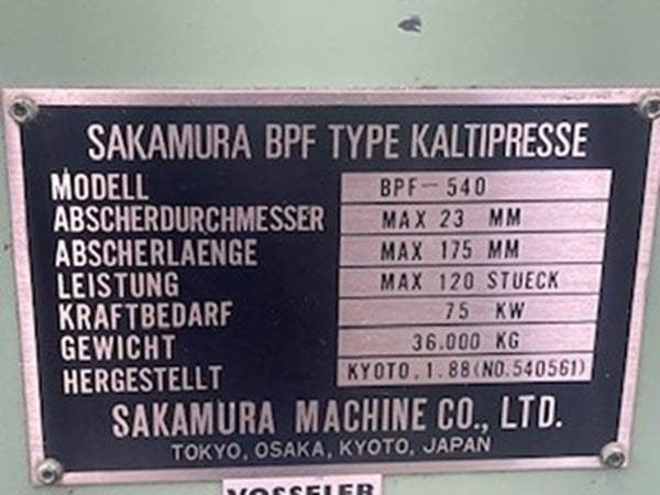 Sakamura #BPF-540, 6 station, 5 die parts former with universal transfer, air clutch & brake, 1989 - Image 5