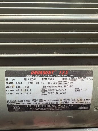 20 HP 3525 RPM U.S. Motors #Unimount-125, Frame 256T, 3Ph, A936/P07P128R022F - Image 6