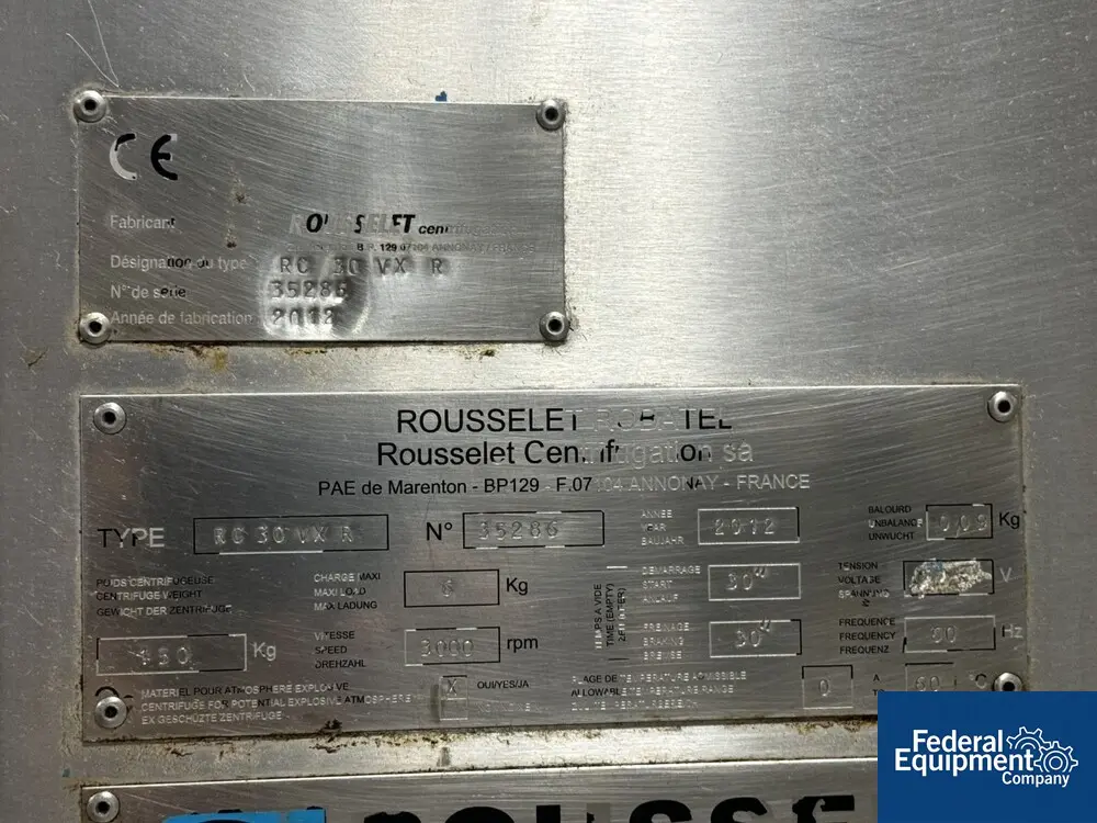 Rousselet Robatel #RC30VXR, Vert Basket Centrifuge, 316 Stainless Steel, 3000 RPM, 6 kg 13.2 lb. capacity - Image 2