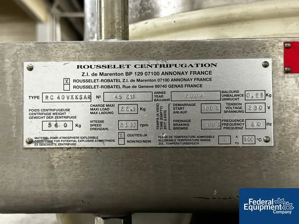 15.7" x 11" Rousselet Robatel #RC40VXKSAR, Vert Basket Centrifuge, hastelloy C22, 3000 RPM, 49.3 lb. - Image 3