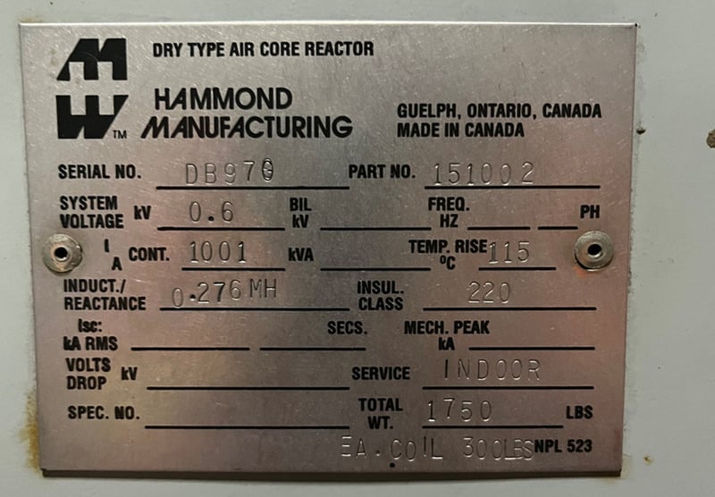 Hammond 151002, dry type air core reactor, 1001 KVA, 0.276 mH, 600 Volts - Image 2