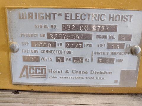 3 Ton, Acco-Wright #Work-Rated-Series-32, Electric Powered Cable Hoist, 18' Lift, 22/7 FPM, 460 V - Image 2