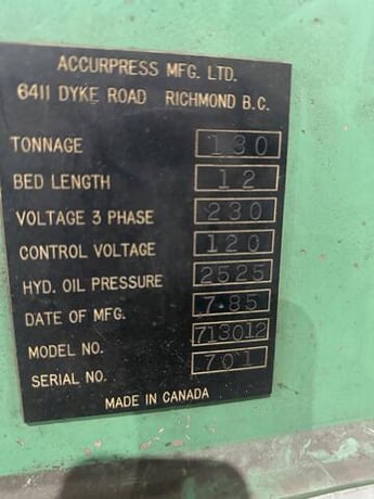 130 Ton, Accurpress #713012, Hydraulic Press Brake, 12' L x 8" width Bed, 124" Between Housings, 8" Stroke - Image 3