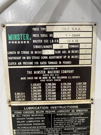 60 Ton, Minster #6, OBI Stamping Press, 3" Stroke, 3" Adjustment, 12" Shut H, 32" x 21" Bolster - Image 2