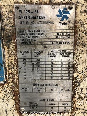 No. W125-SA Torrington, Spring Coiler/Coil Making Machine, 0.105"-0.25" Wire diameter, 0.375"-4.25" Coil - Image 3