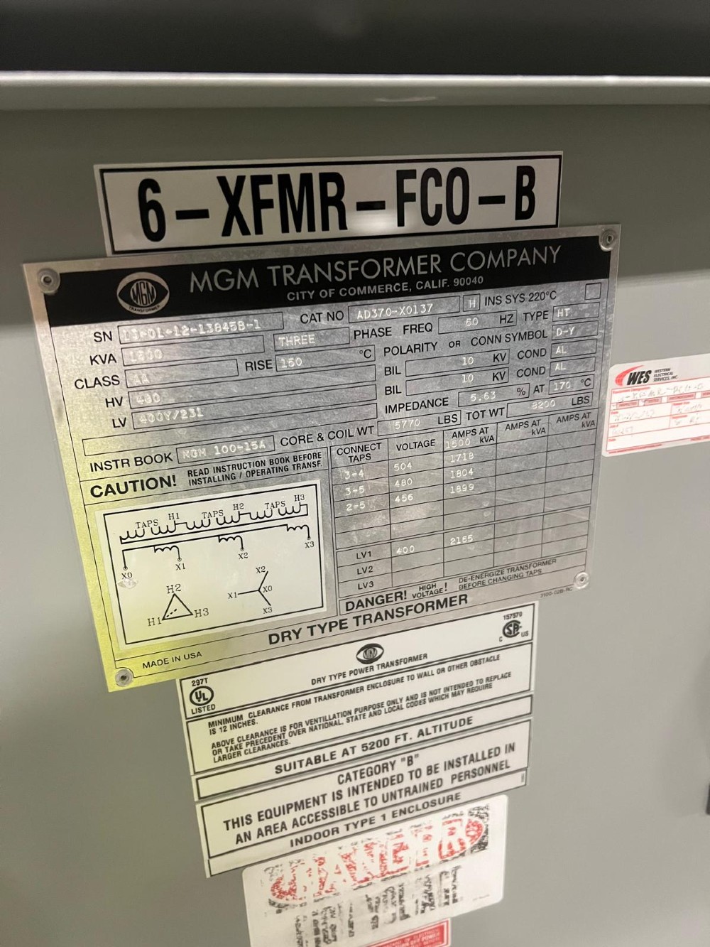 1500 KVA 480 Delta Primary, 400Y Secondary, Dry Type Transformer (504,480,456) - Image 1