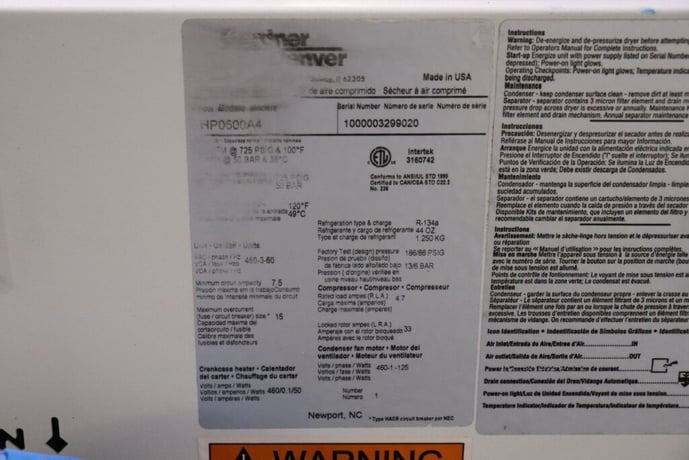100°F, 725 psig, Gardner Denver #HP0500A4, high pressure air dryer, R-134a, 460 v. - Image 7