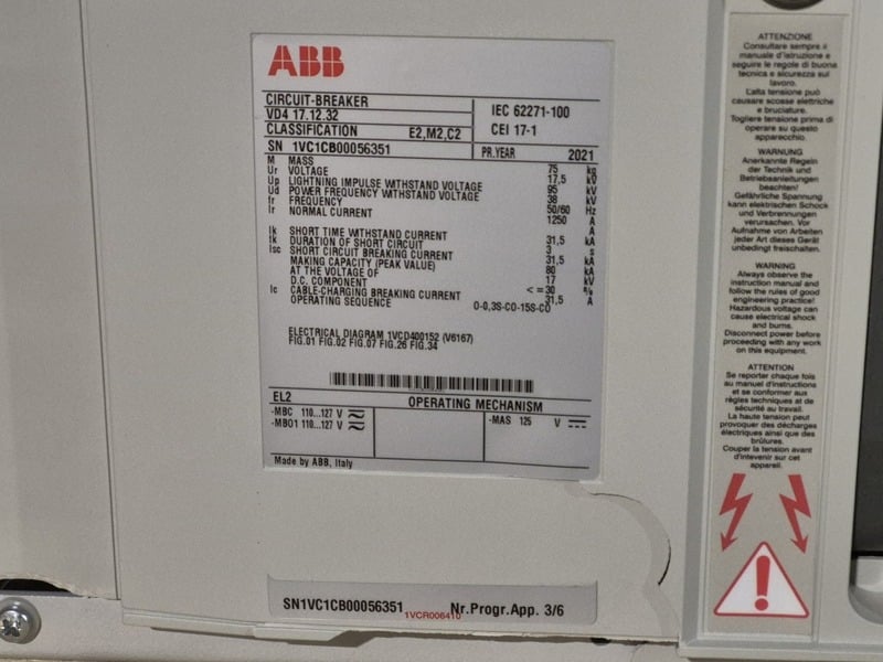 1250 Amps, ABB, VD4 17.12.32, vacuum circuit breaker, 17.5 Kv, 95 Kv, 31.5 Ka, new, 2021 - Image 2