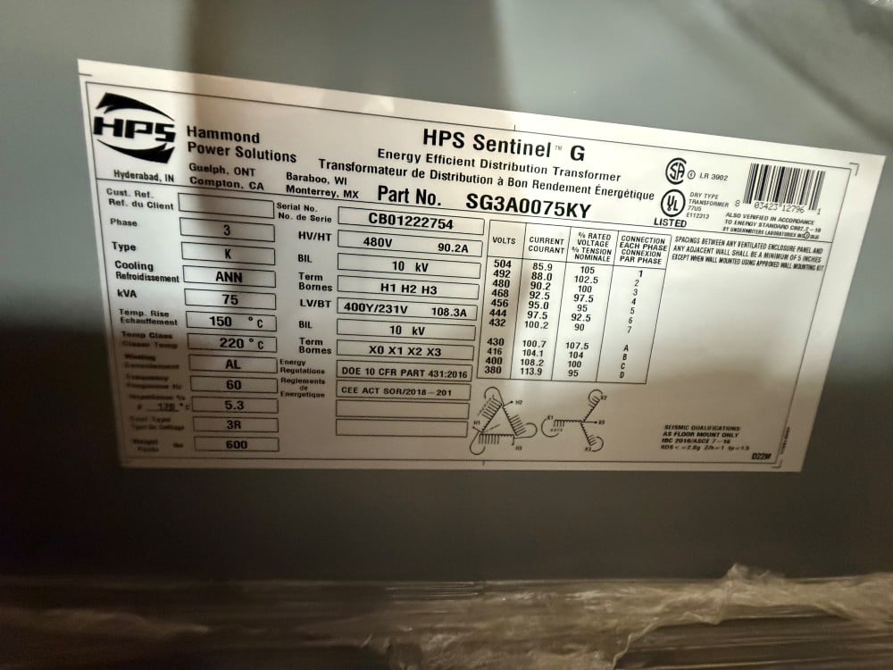 75 KVA 480 Primary, 400Y/231 Secondary, HPS Sentinel G Dry-Type Transformer, Never Energized - Image 1