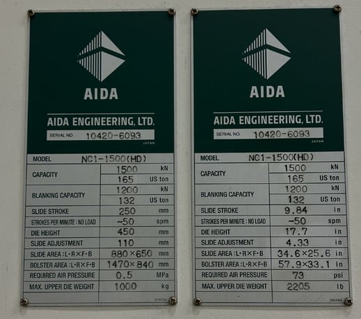 165 Ton, Aida #NC1-1500(HD), Servo Gap Frame, 2012 - Image 2