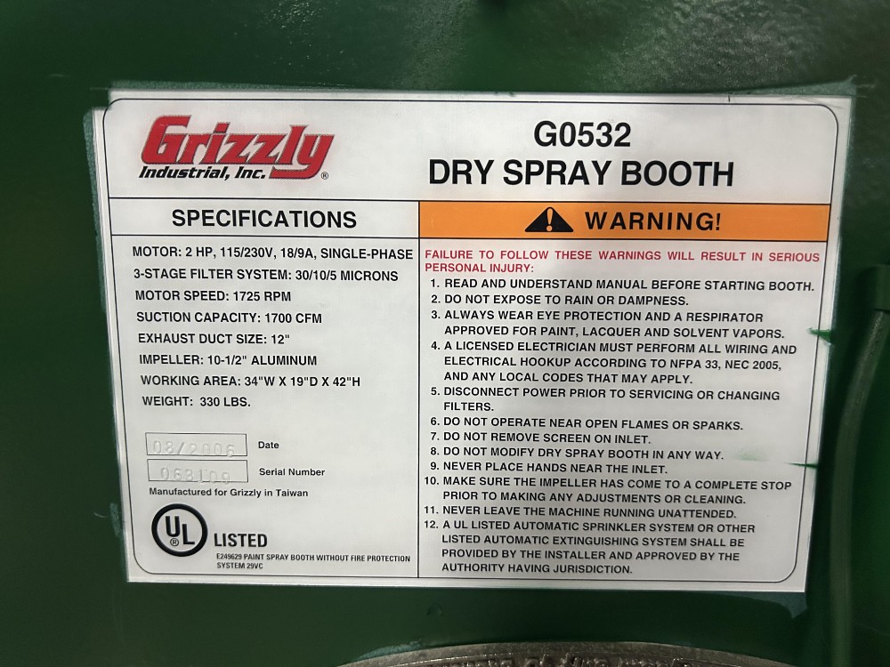 Grizzly #G0532, Dry Spray Booth, 34" x 19", reconditioned - Image 7