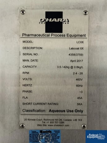 Ohara #LCIIX-Labcoat, coating pan, Stainless Steel, AB controls, 460 V., 2017 - Image 2