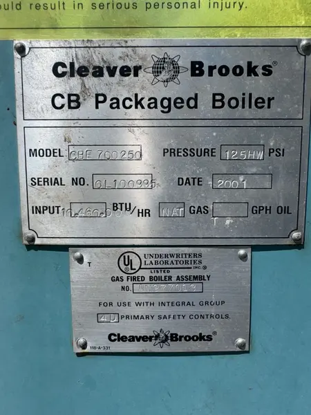 250 HP Cleaver-Brooks, Packaged Firetube Gas Boiler, 10,4600 BTU, 125 PSI - Image 8