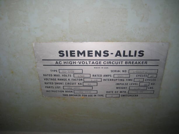 3000 Amp, SIEMENS, FA-350B, 4160 Volts, 41 KA EO/DO, 125 VDC CL/TR/MOT - Image 5