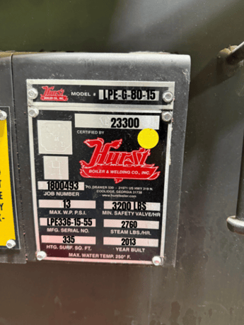 80 HP Hurst #LPE-G-80-15, Low Pressure Steam Boiler, Natural gas, 15psi, 2790 PPH, 335 sq.ft., 2013 - Image 2