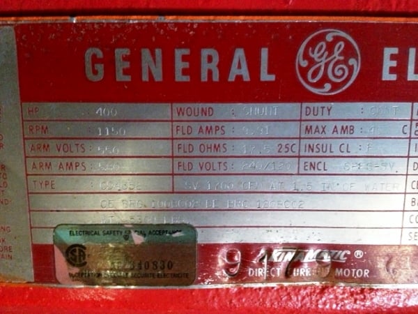 400 HP 1150 RPM General Electric, Frame CD4358, SPFG-SV, rblt, 550VA, 120/240VF - Image 2