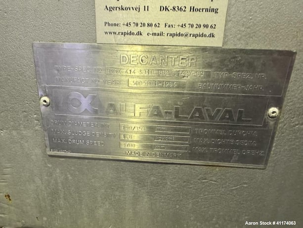 Alfa-Laval #MRNX-414" B-31G, Solid Bowl Decanter Centrifuge, 316 Stainless Steel, Food-Grade, 3700 RPM, 400 - Image 6