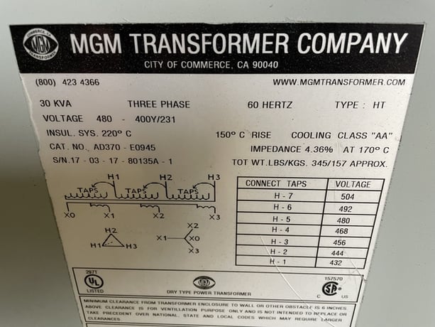 30 KVA 480 Primary, 400Y/231 Secondary, MGM Transformer, Dry Type Power Transformer, 3 Phase, 60 Hz - Image 3