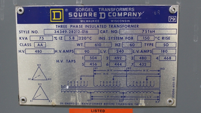 75 KVA 480 Primary, 240 Secondary, Square D, Insulated Transformer, 3 Phase, 60 Hz, 90/180 Amps - Image 5
