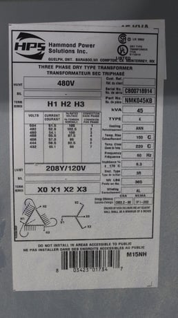 45 KVA 480 Primary, 208Y/120 Secondary, Hammond, Dry Type Transformer, 3 Phase, 60 Hz - Image 4