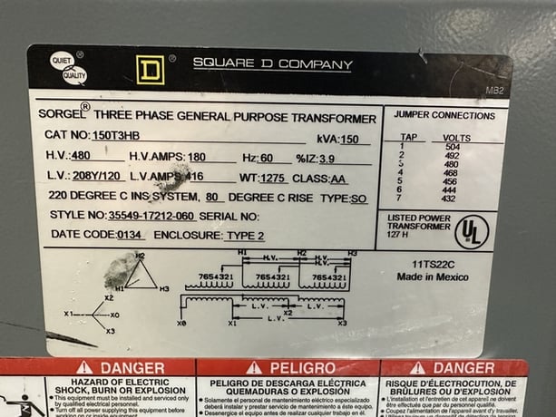 150 KVA 480 Primary, 208Y/120 Secondary, Square D, General Purpose Transformer, 3 Phase, 60 Hz, 180/416 Amps - Image 4