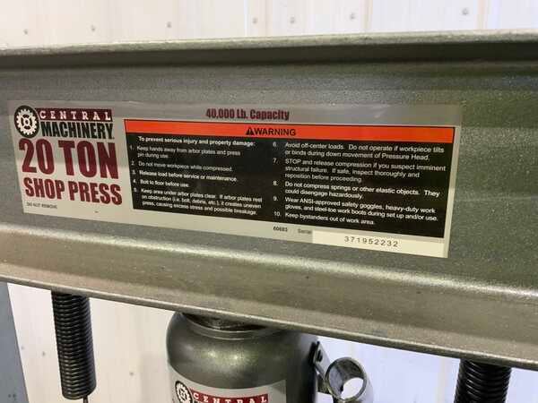 20 Ton, Central Machinery #60607, H Frame Press, 26" x 8.25" Bed Area, 22.375" Between Housings, 5.5" Stroke - Image 10