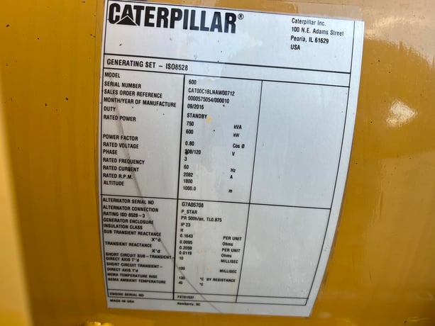 600 KW Caterpillar #C18, diesel generator set, 120/208 Volts, 1/3 hours, 167 hs, EPA Tier 2, open skid - Image 8