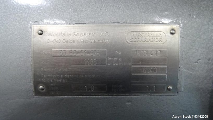 GEA Westfalia #MSD-60-01-076, Desludger Disc Centrifuge, separator design, Stainless Steel, 6540 RPM bowl - Image 7