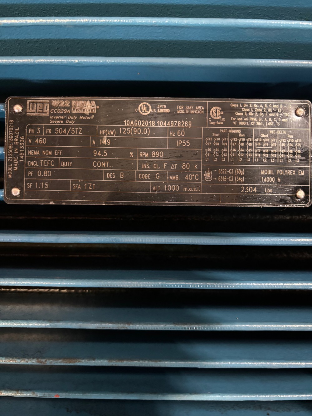 125 HP 900 RPM WEG W22 Severe Duty Motor, Frame 504/5TZ, TEFC, 460 Volts - Image 5