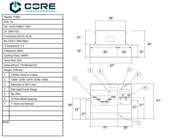 75 KVA 12470 GrdY/720 Primary, 208Y/120 Secondary, PAD, Recon - Image 1