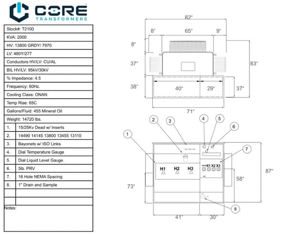 2000 KVA 13800GrdY/7970 Primary, 480Y/277 Secondary, Pad, Recon - Image 1