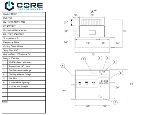 750 KVA 13200GrdY/7620 Primary, 480Y/277 Secondary, Pad, Recon - Image 1