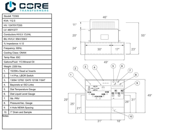 112.5 KVA 12470Y/7200 Primary, 480Y/277 Secondary, PAD, Recon, - Image 1