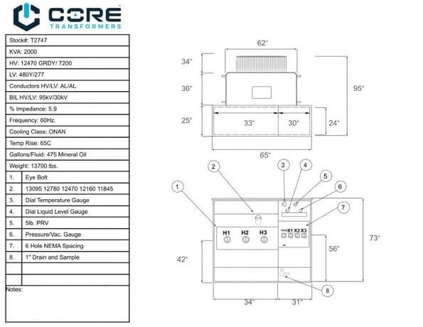 2000 KVA 12470GrdY/7200 Primary, 480Y/277 Secondary, PAD, Recon (2 available) - Image 1