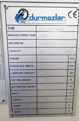 220 ton, Durmazlar #HAP-40200, press brake, 8.3" stroke, 5 SPM, 2002 - Image 4
