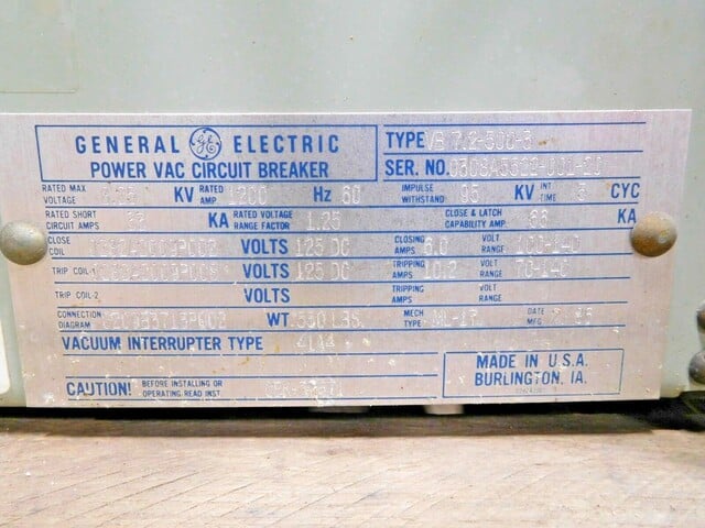 1200 Amps, General Electric, VB-7.2-500-3, Power VAC Circuit Breaker, 8.25 KV, 125 VDC - Image 8