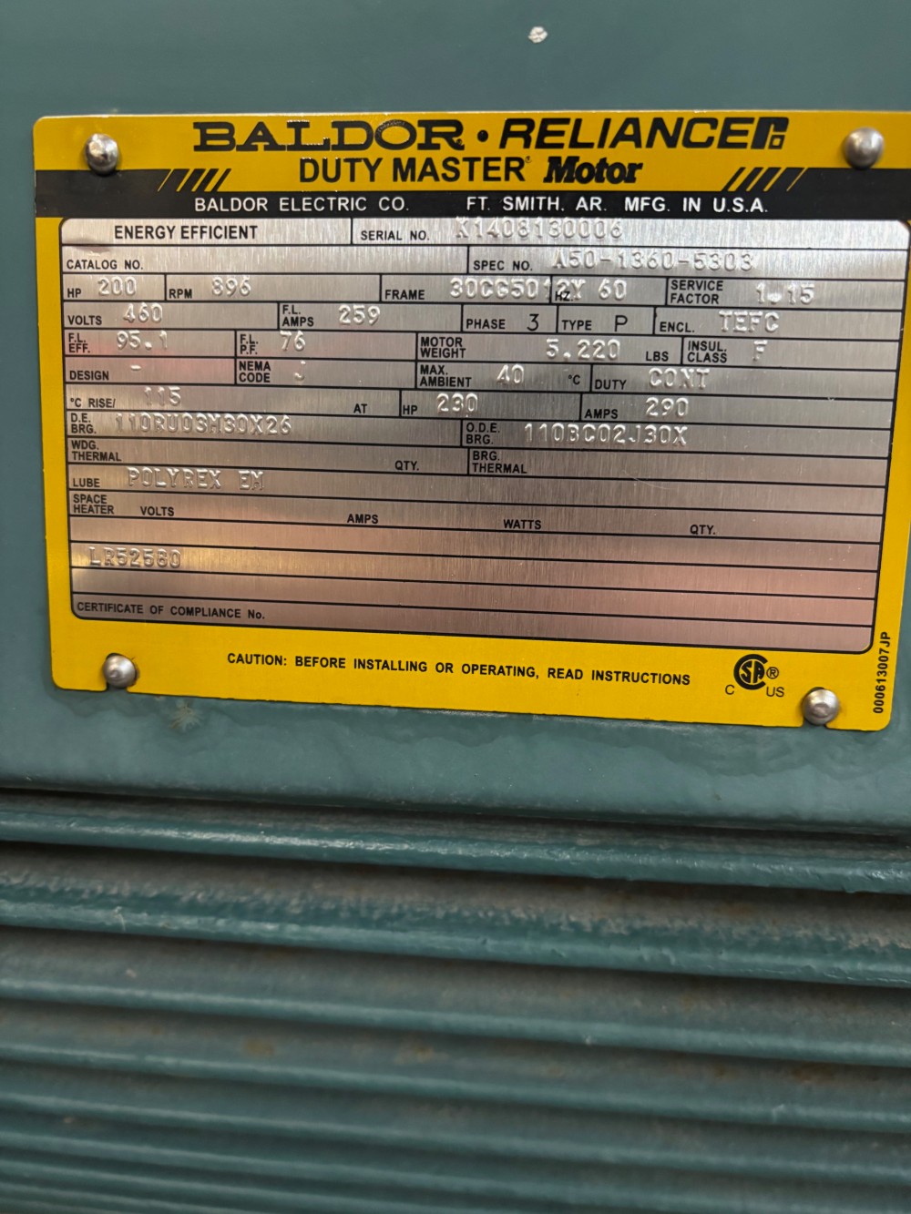 200 HP 900 RPM Baldor, duty master, Frame 30CG5012Y, 460 Volts, new/surplus - Image 5