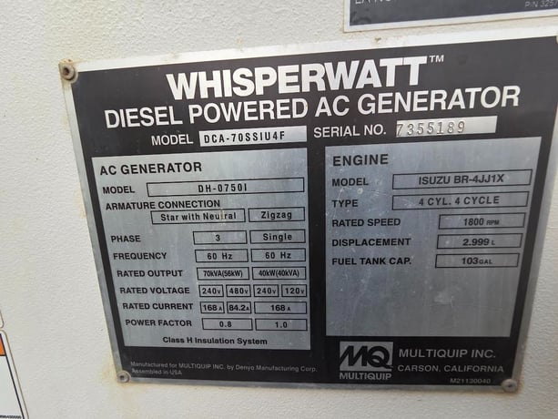 56 KW Multiquip #DCA70SSJU4F, diesel generator set, 480 Volts, 3-phase, 1800 RPM, John Deere 4045HFG04 - Image 4