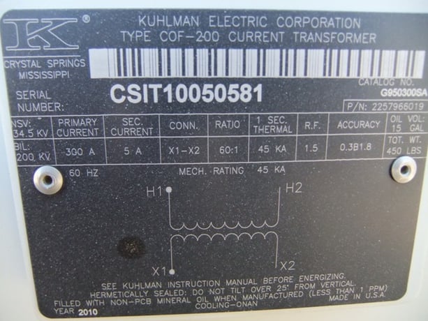 34 kV 34 kV, Pri.300A, Sec., 5A, 34.5 KV, KUHLMAN COF-200 CT'S, 60:1 RATIO, 200 KV BIL - Image 2