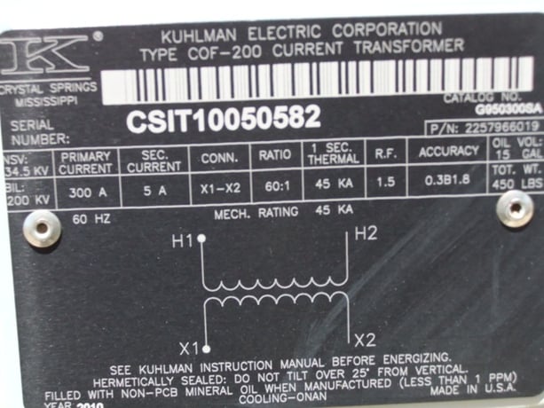 34 kV 34 kV, Pri.300A, Sec., 5A, 34.5 KV, KUHLMAN COF-200 CT'S, 60:1 RATIO, 200 KV BIL - Image 3