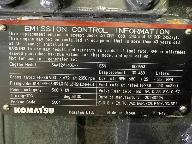 900 HP Komatsu #SAA12V140E-7, diesel engine, warranty - Image 5