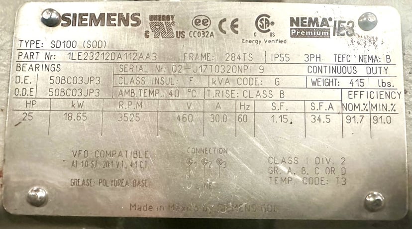 25 HP 3525 RPM Siemens, Frame 284TS, VFD rated, 460 Volts - Image 5