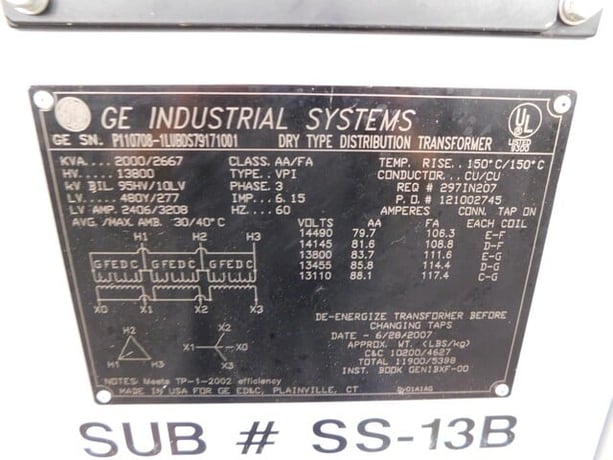 2000/2667 KVA 13800 Primary, 480Y/277 Secondary, General Electric, dry type transformer - Image 9