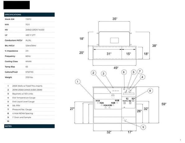 112.5 KVA 24940GrdY Primary, 14400-480Y/277 Secondary, PAD, Recon (2 available) - Image 1