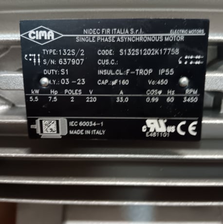 7.5 HP 3600 RPM Nidec, motor, 1-phase - Image 2