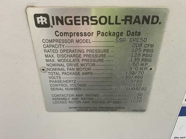 194 cfm, 128 psig, Ingersoll-Rand #SSR-EPE50SE, air compressor, 50 HP, 5320.6 hours, 1994 - Image 3